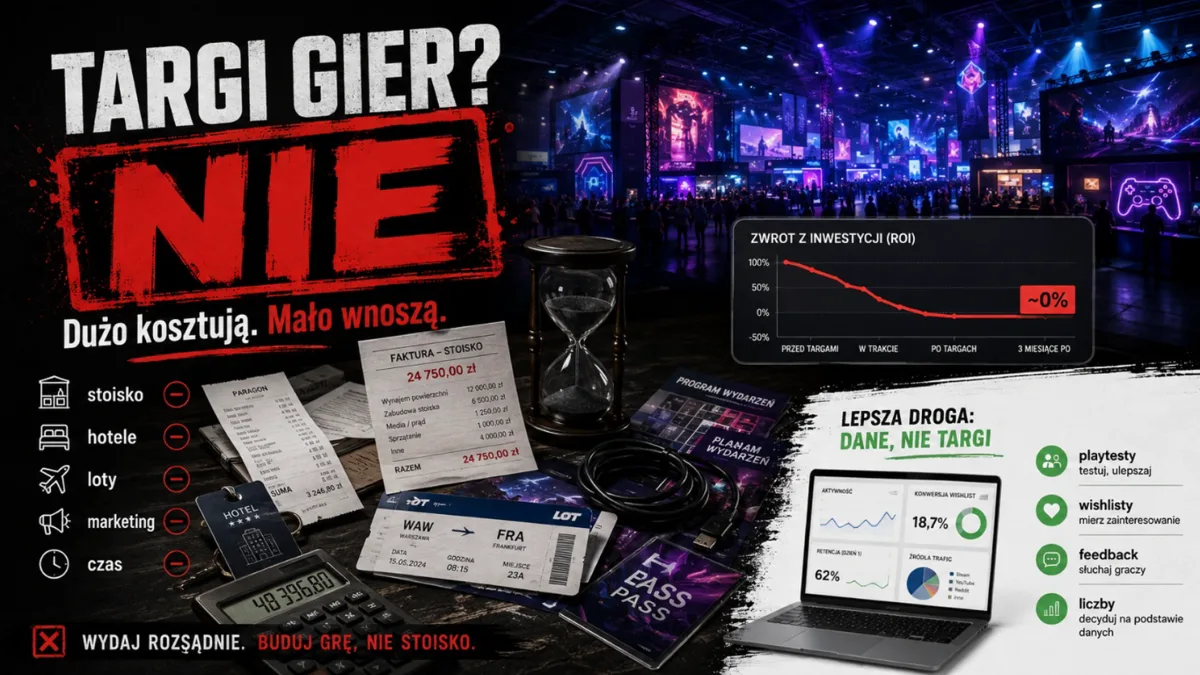 Ilustracja — ciemna hala targowa w światłach, na pierwszym planie rachunki, faktura za stoisko na 24 750 zł, klepsydra, bilet lotniczy i kalkulator; obok wykres zwrotu z inwestycji spadający do zera i panel „lepsza droga: dane, nie targi” z playtestami, wishlistami i feedbackiem