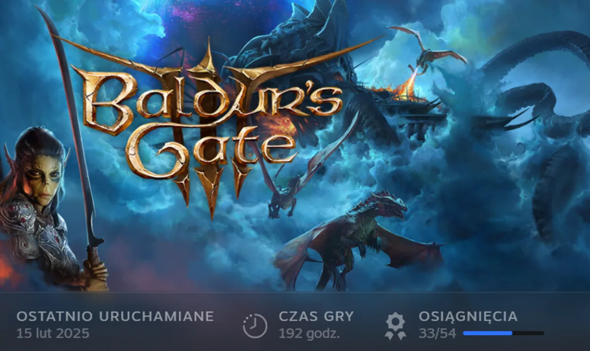 Zrzut z biblioteki Steam — Baldur's Gate 3, czas gry 192 godziny, osiągnięcia 33 z 54, ostatnio uruchamiane 15 lutego 2025