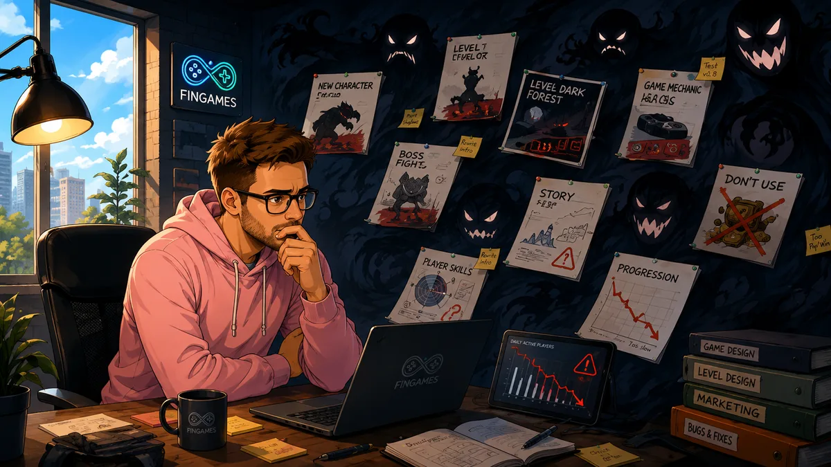Ilustracja — Krzysztof Caruk przy laptopie, za nim ściana obwieszona zgłoszeniami gier, notatkami i wykresami spadków