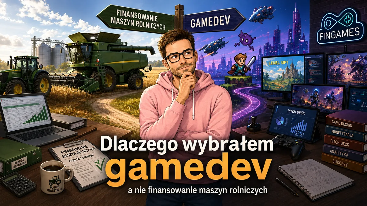 Ilustracja — Krzysztof Caruk na rozstaju dróg, drogowskaz „finansowanie maszyn rolniczych” prowadzi w stronę pola z kombajnem, a drogowskaz „gamedev” w stronę pikselowego świata gier