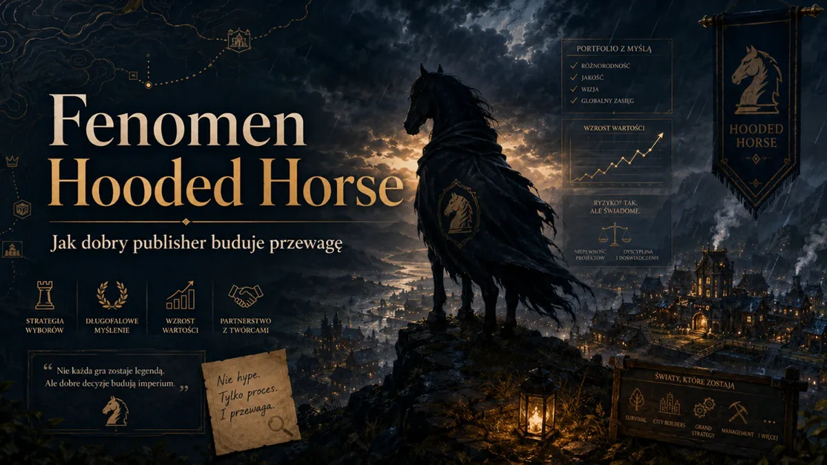 Ilustracja — czarny koń w kapturze z herbem Hooded Horse stoi nad doliną i średniowiecznym miastem w deszczu; obok tabliczki portfolio z myślą, wzrost wartości i ryzyko tak, ale świadome, u dołu ikony: strategia wyborów, długofalowe myślenie, wzrost wartości, partnerstwo z twórcami